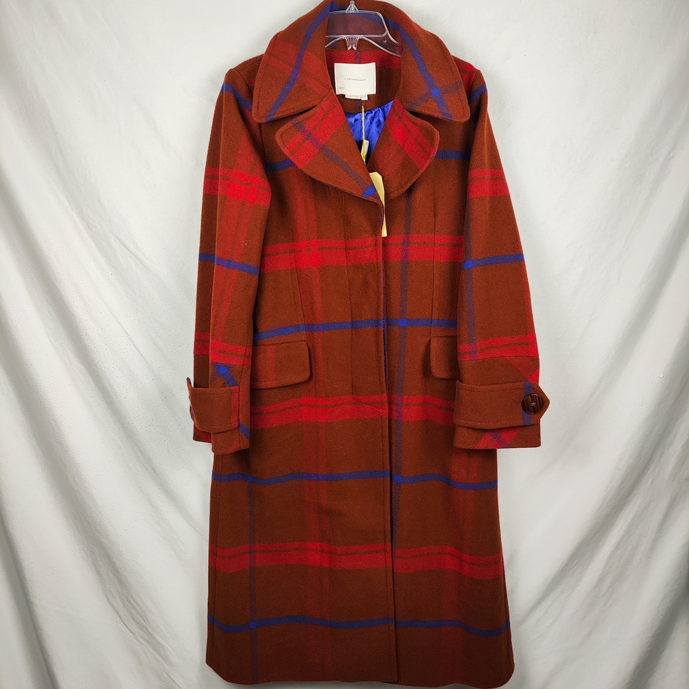 Anthropologie Coat Womens Medium Brown Plaid Wool Blend Long Button Lined